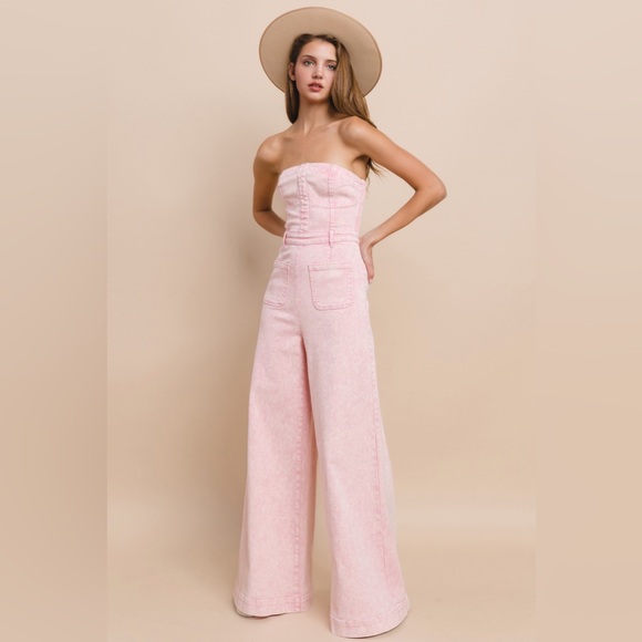 ROSE PINK STRAPLESS MINERAL WASH WIDE LEG DENIM JUMPSUIT π€  - Picture 3 of 6